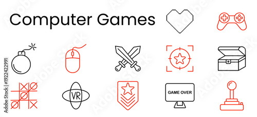 Computer games set icon. Heart, gamepad, bomb, mouse, swords, target star, treasure chest, tic, vr, rank badge, gameover monitor, joystick, battle mode, quest reward, player action