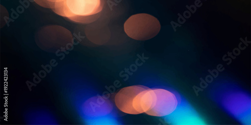 An abstract background of colorful bokeh lights creates a glowing orange and red energy flare with a bright sun shine and dark space design