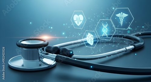 Tecnología médica, médico que usa una computadora portátil con íconos de salud en la interfaz virtual.
 Salud y medicina digitales, conexión a la red de Internet, red de salud global