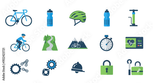A collection of colorful flat design icons representing bicycling cycling equipment and outdoor activities.