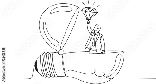 Businessman holding diamond inside light bulb. Innovation and creative idea line art.