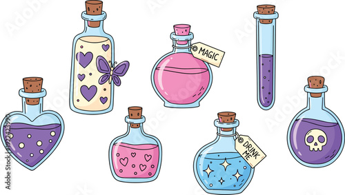 Magic Potion Bottles Vector Illustration Set with Alchemy Elixirs Poison Skull and Love Potions Isolated on White Background