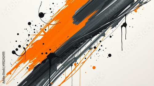 Abstract artwork with dynamic brushstrokes and splatters in vivid orange, deep grey, and stark white,