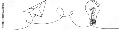 Paper plane and light bulb continuous line art. Creative idea and startup concept.