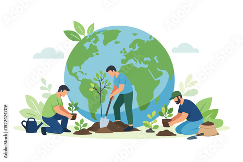 Volunteers Planting Trees for Earth. Earth Day and Eco Campaign Concept. Vector graphic illustration