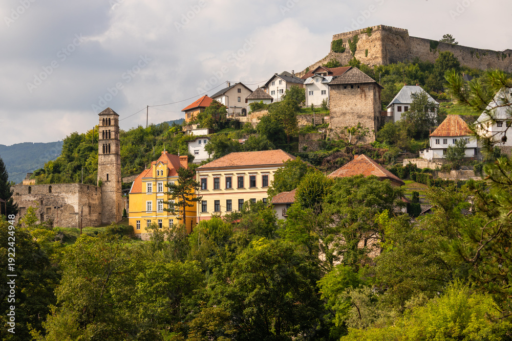 Obraz premium Jajce town with fortress and Saint Luke's Bell Tower, Bosnia and Herzegovina.