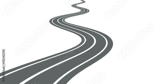 A graphic representation of a winding, grey asphalt road with distinct white lane markings, stretching forward into the distance, conveying concepts of travel, direction, and future possibilities.