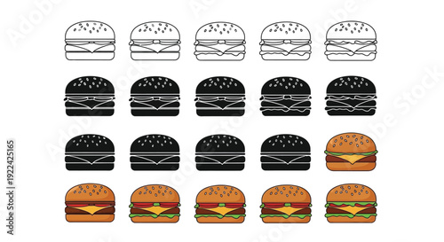 Collection of hamburger icons displaying various styles including outline solid color and fully colored illustrations for fast food design