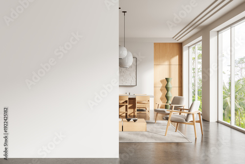 Modern interior with empty white wall for poster mockup and stylish wooden furniture in clean minimalist living room with natural light view.. 3D Rendering