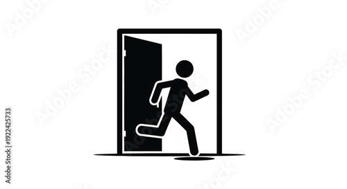 Black silhouette stick figure running through an open doorway, depicted as an urgent exit symbol, indicating a quick departure or emergency evacuation route for safety and public guidance.