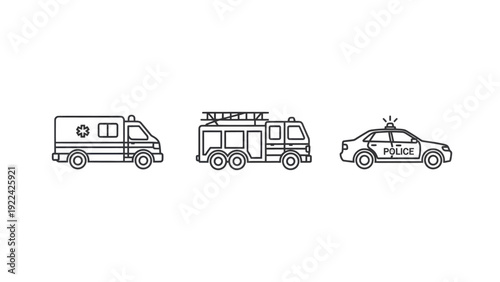 Emergency responders illustration featuring ambulance, fire truck, and police car on white background