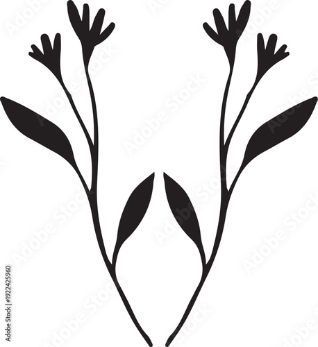 Minimalist floral design with two stems and leaves on white background