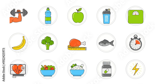 Colorful Fitness and Healthy Lifestyle Icon Set.