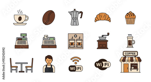 A collection of colorful coffee shop and cafe themed line art vector icons.
