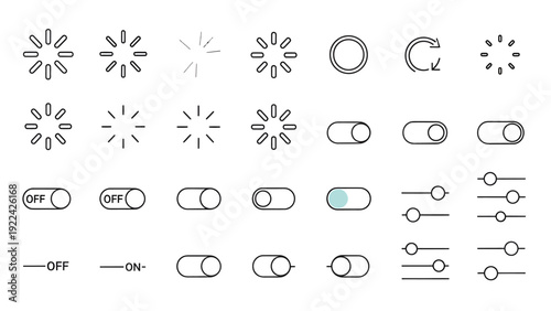 Collection of various toggle and switch icons, loading and refresh symbols, and power buttons in different styles and states, illustrated in a grid layout.