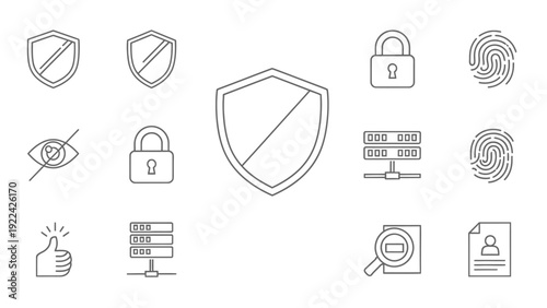 A collection of security icons featuring shields, locks, and authentication symbols in a grid layout