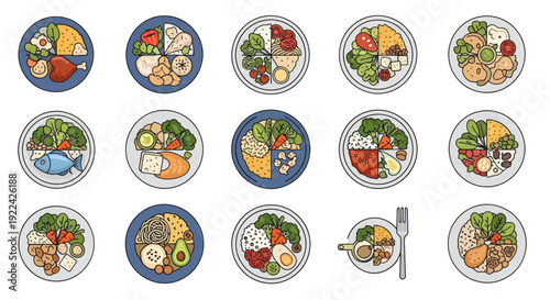 Variety of Colorful and Healthy Food Bowls with Fresh Ingredients.