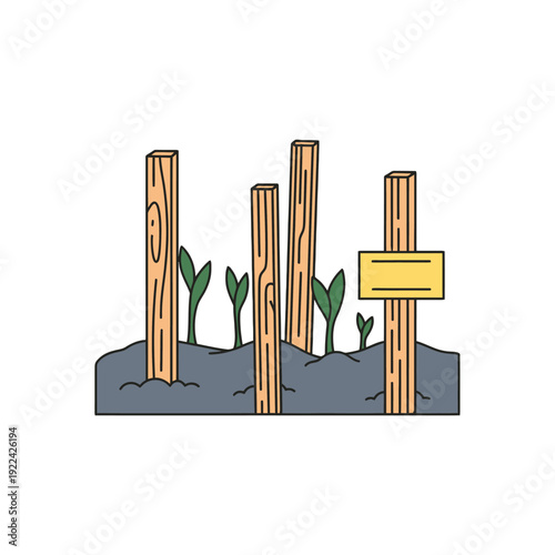 Wooden stakes in soil with green shoots and blank sign garden