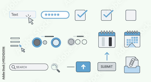 User Interface Elements: Buttons Checkboxes Sliders Calendars and Search Bar.