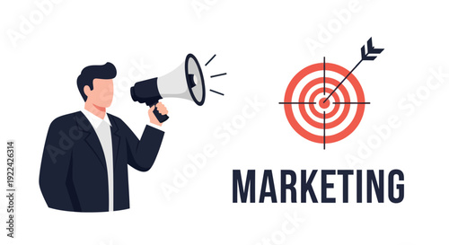 Man with megaphone and target arrow illustrating marketing strategy.
