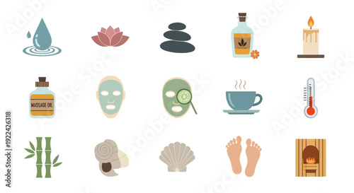 A colorful flat design icon set representing spa wellness beauty and relaxation treatments.