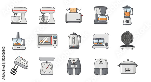 Collection of Essential Kitchen Appliances: Mixer Toaster Coffee Maker Blender and More.