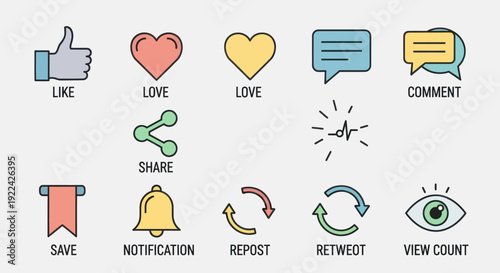 Social Media Icons: Like Love Share Comment Save Notification Repost Retweet and View Count.