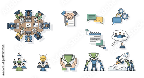 A collection of modern business icons representing teamwork strategy success and startup launch concepts.