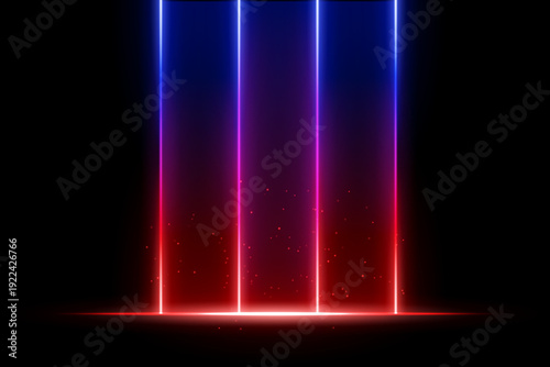 White vertical light curtain composition. Multiple glowing columns descending from top, scattered light dots, soft circular bokeh, dark backdrop, luminous haze atmosphere, abstract stage illumination.