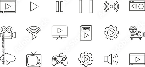 Media player line icon set, play pause video audio movie streaming symbols collection for web app ui design