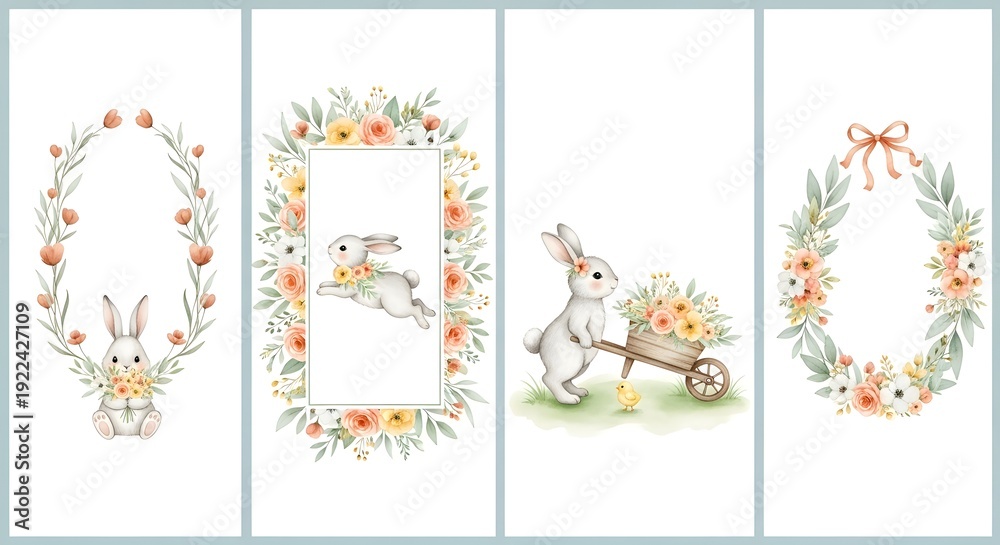 Obraz premium Easter bunny illustrations with floral wreaths on white background