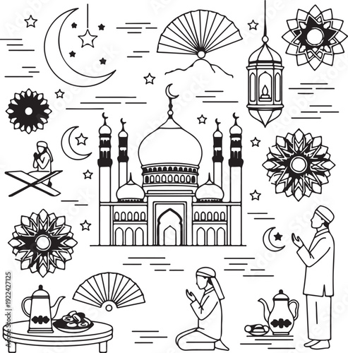 Set of travel vector icons and architectural silhouettes featuring world landmarks like the Taj Mahal, mosques, and cathedrals in a creative city illustration for tourism and religious art design