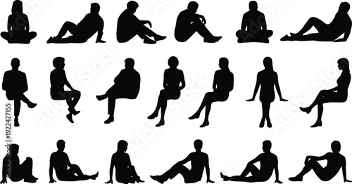 Collection of diverse seated human silhouettes in various casual sitting positions, showcasing posture, ergonomics, and body language for educational, artistic, and creative design applications