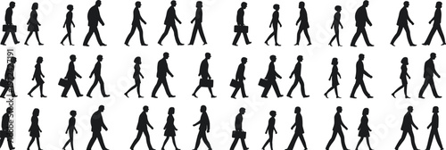 Collection of diverse walking people silhouettes in multiple rows, symbolizing commuting, pedestrian activity, diversity, and urban life for educational and creative design applications