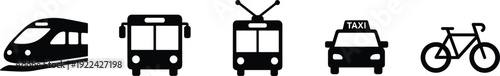 Public transport icon set, train bus tram taxi bicycle symbols collection for city travel web app ui design