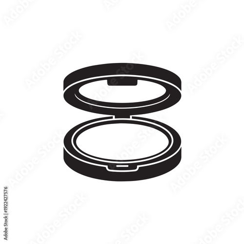 A vector icon depicting an open compact powder case, symbolizing makeup, cosmetics, and beauty products in black on a transparent background