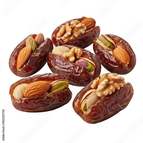 A selection of dates filled with nuts and seeds, arranged on a white background.
