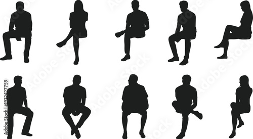 Collection of ten seated people silhouettes in varied postures and orientations, symbolizing ergonomics, psychology, lifestyle, and design for educational and creative applications