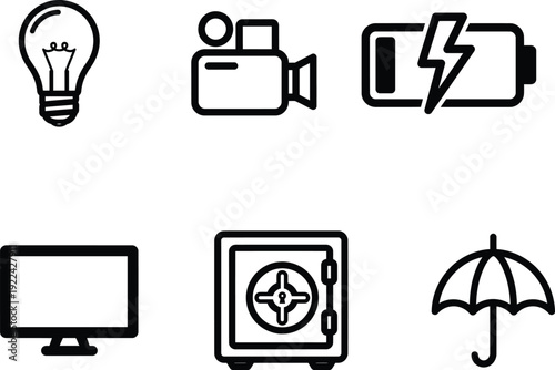 black and white icons of technology and security objects