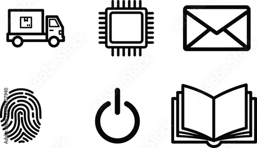 black and white icons of truck microchip envelope fingerprint power button and open book