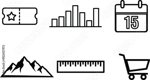 Black and white line icons for business and travel isolated on white background