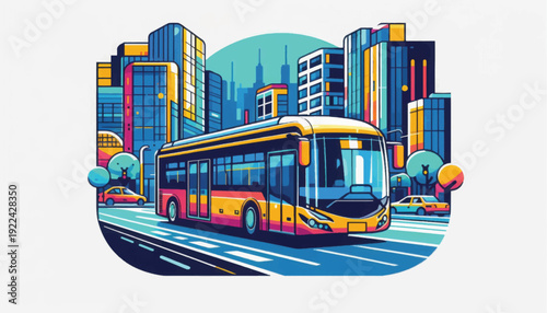 Urban Public Bus Transit Vector Illustration. Modern City Transportation, Vibrant Downtown Skyline, Colorful Flat Design Graphic.