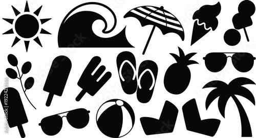 Assortment of black silhouette summer vacation and beach icons Keywords: summer, vacation, beach, holiday, travel, sun, wave