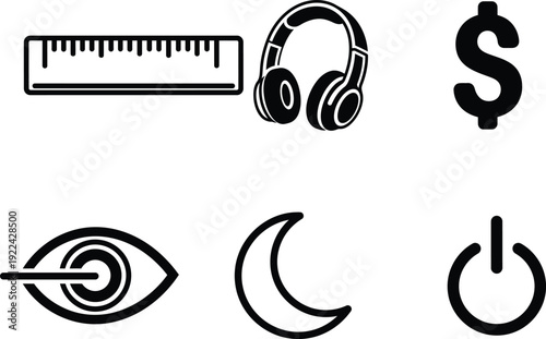 Collection of various black line icons on white background including ruler headphones dollar sign eye moon and power button