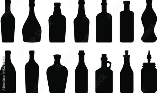 Assortment Of Black Silhouettes Of Various Glass Bottles On White Keywords: bottles, glass, silhouette, black, assortment