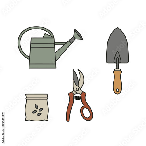 Gardening tools watering can pruner trowel seed bag