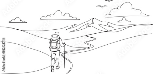 Hiker walking on mountain trail line art. Minimal adventure landscape drawing.