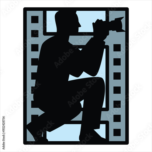 Photographer silhouette with camera and film strip.