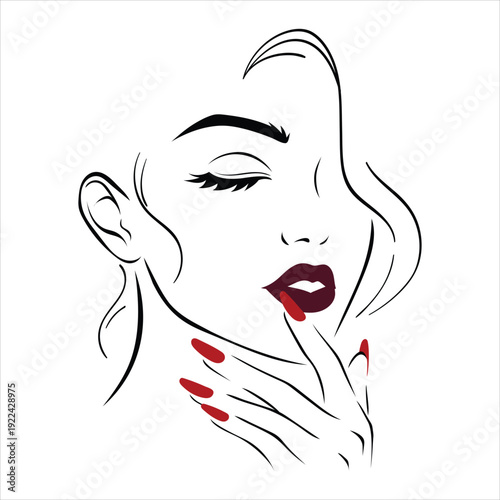 Beautiful woman's face line art with red manicured nails
