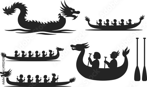 Black Silhouette Dragon Boats And Paddles On White Background Keywords: dragon boat, dragon, paddle, oar, racing, competition